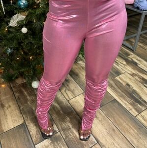 Women's shiny Pink Rouched glam leggings